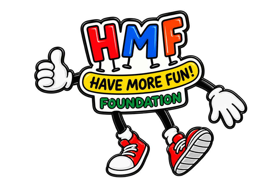 Have More Fun Foundation mascot logo — HMF letters with cartoon gloves and red sneakers holding a Have More Fun banner